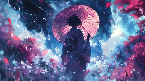 Figure with umbrella in stylized landscape under vivid sky.