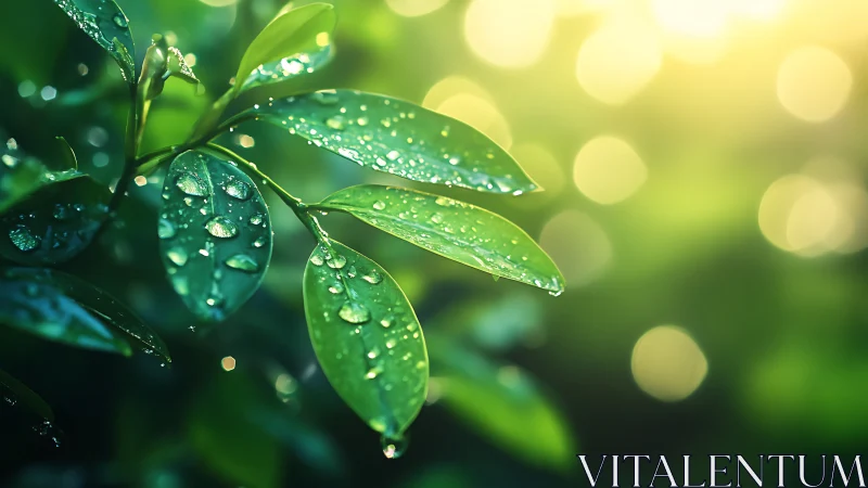 Rain-kissed green leaves catch morning backlight softly