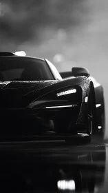 Midnight hypercar prowls through rainlit monochrome haze.