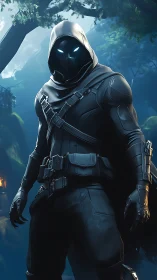 Stealth armored rogue with glowing eyes in forest setting.