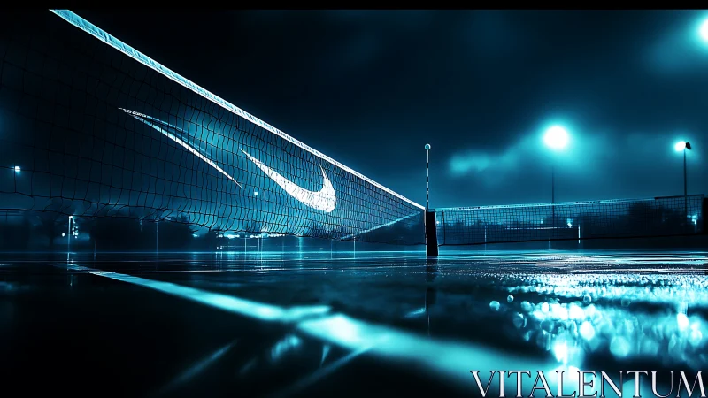 Wet night tennis court with glowing net and blue lights.