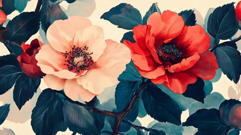 Peony Flowers in Full Bloom Against Cream Background