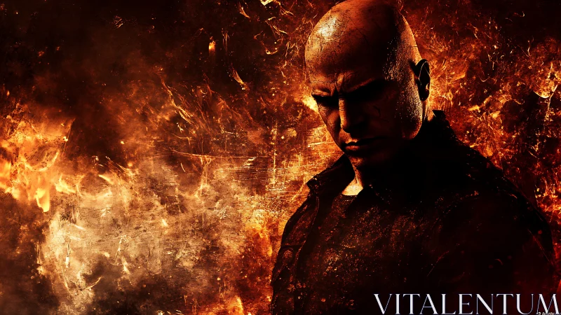 Brooding warrior stands strong amid swirling fire and ash.