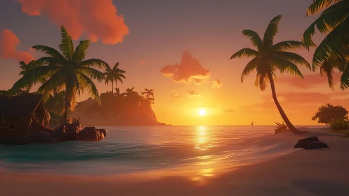 Tropical Paradise Beach at Sunset with Palm Trees.