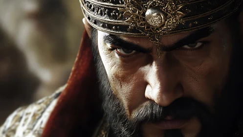 Intense warrior king in ornate crown meets your steady gaze.