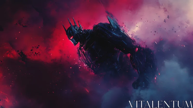 Titanic cybernetic warlord emerges through crimson nebula.