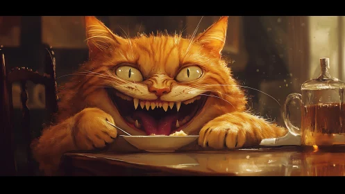 Glowing-eyed ginger cat grinning over tiny dessert bowl.