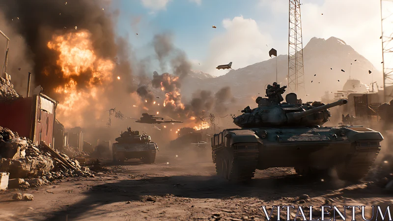 Blazing battlefield scene captures tanks advancing through chaos