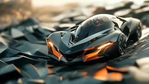 Futuristic dream car glowing softly on sculpted metal terrain.