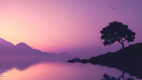 Solitary lakeside tree pauses beneath a lavender quiet sky
