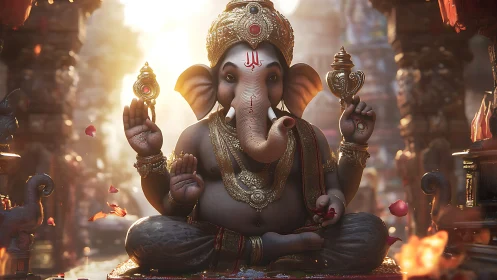 Elephant-headed deity statue in ornate temple light scene.