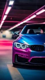 Vibrant sports coupe under neon lights in parking garage.