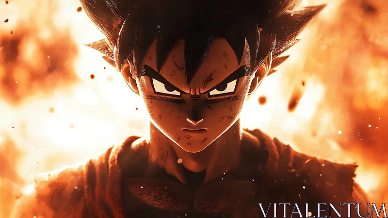 Fierce anime hero standing strong in a blaze of orange fire.