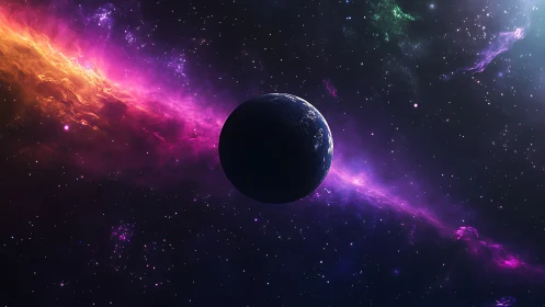 Distant planet silhouette before colorful interstellar clouds.