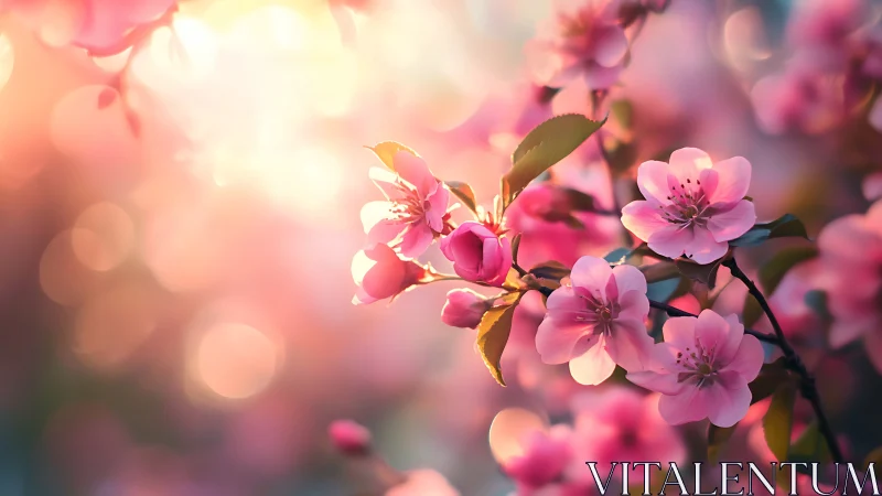 Spring Cherry Blossom Cluster Photographed Under Golden Hour Atmospheric Lens Diffusion.