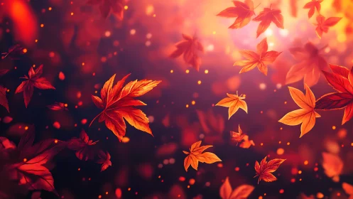 Falling autumn maple leaves over glowing orange light.