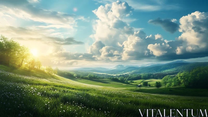 Sunlit alpine valley meadow with rolling hills and cumulus clouds