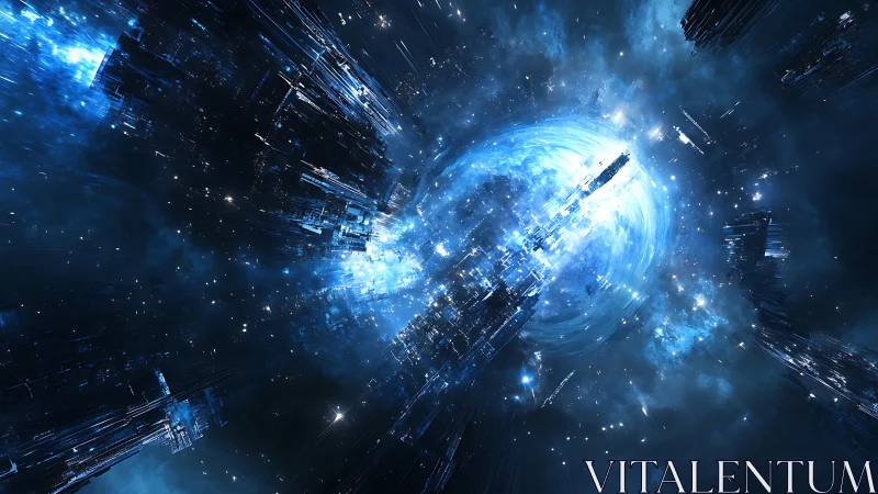 Futuristic blue space vortex with fragmented structures.