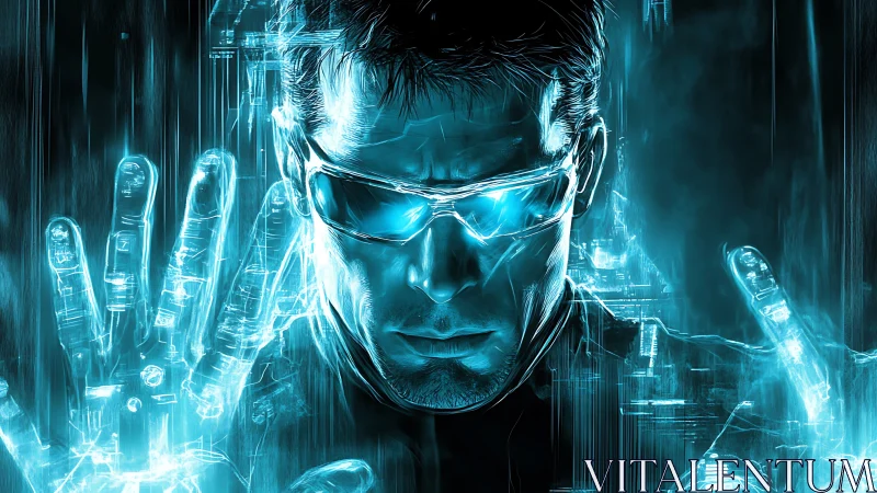 Neon visor warlock rewires the grid with glowing hands.