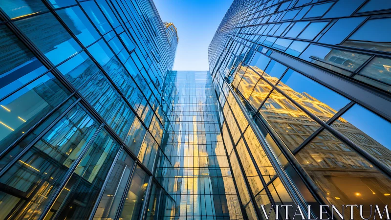 Glass office towers reflect golden city architecture upward.