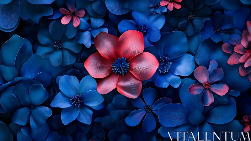 Vibrant floral composition with coral and azure blooms.