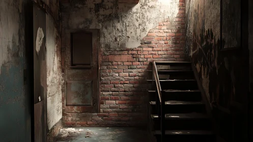 Photorealistic derelict stairwell with textured brick patina.