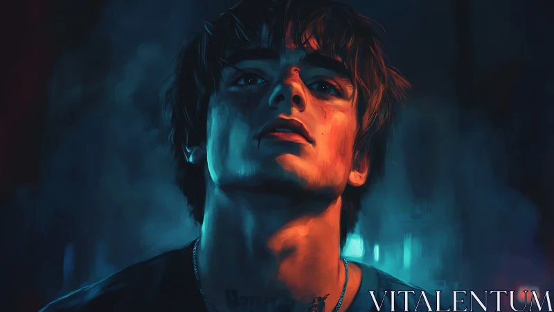 Moody cyberpunk portrait under neon blue orange glow.