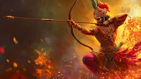 Mythic archer in dynamic flame-lit combat composition