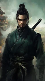 Stormlit ronin warrior in emerald robes amid rising mist.