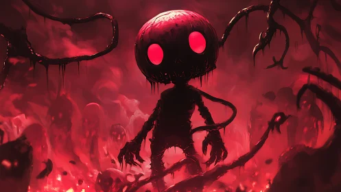 Glowing-eyed horror entity dominates crimson infernal void.
