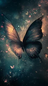 Large illuminated butterfly in nebulous night environment.