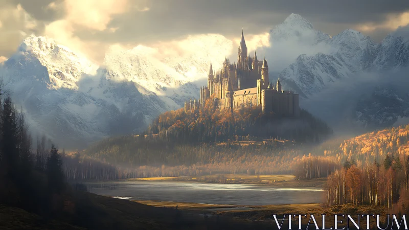 Castle complex above autumn forest in alpine mountain valley.