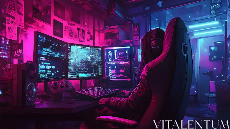 Neon-lit gaming hideout with cozy cyberpunk vibes.