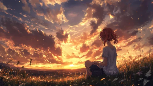 Solitary girl watching blazing sunset over wild meadow.