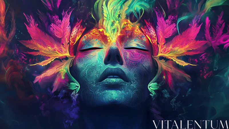Neon dream visage with radiant feathers and swirling light.
