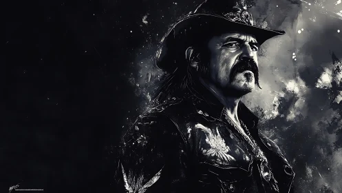 Monochrome digital portrait of stern cowboy rocker in profile