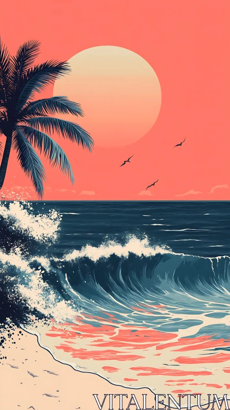 Sunset waves and palm tree welcoming a dreamy shoreline.
