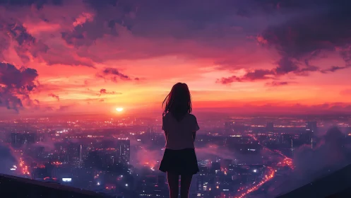 Backlit silhouette on neon dusk cityscape horizon plane.