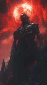 Colossal molten dark figure under burning red sky.