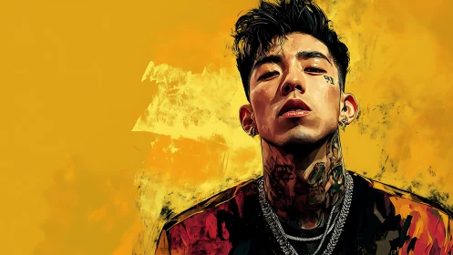 Tattooed man portrait on bold yellow abstract background.