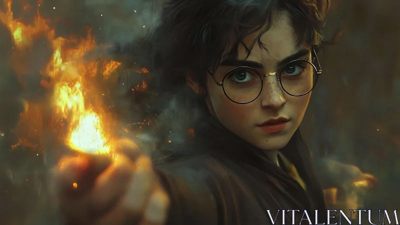 Young mage projects controlled fire spell with cinematic depth