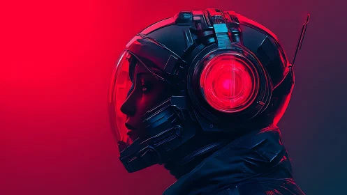Futuristic astronaut in neon red helmet gazes into darkness