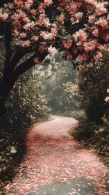 Curved garden path is covered by dense pink flower petals