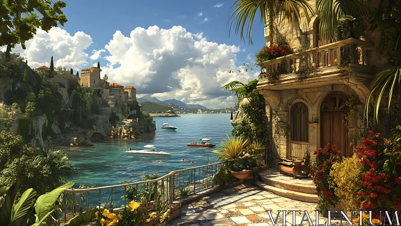 Mediterranean cliffside villa balcony above turquoise bay.