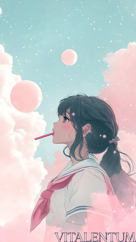 Girl in sailor uniform looks at pastel sky spheres calmly