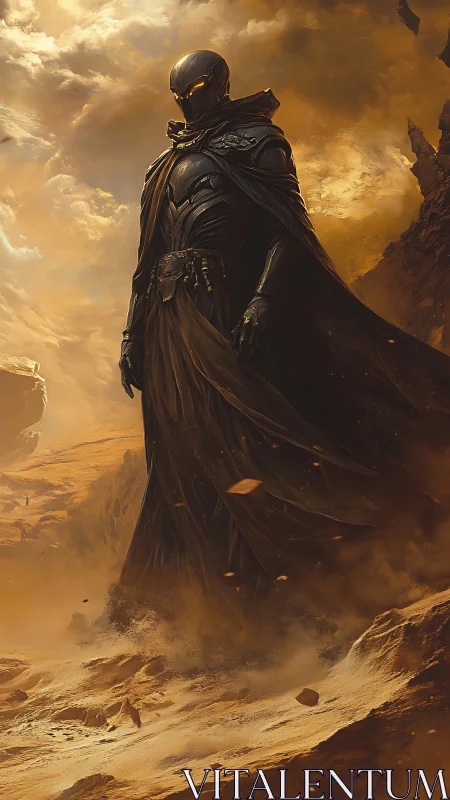 Armored desert sentinel strides through storm-lashed canyon