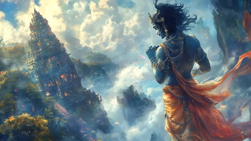 Mystical sky dancer watching a glowing mountain temple.