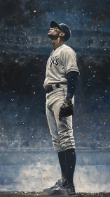 Floodlit baseball outfielder observing snowfall in stillness.