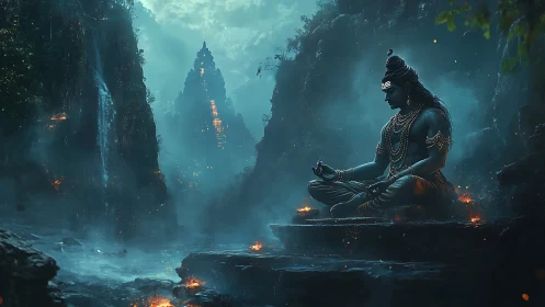 Digital painting of meditative deity in misted mountain shrine.