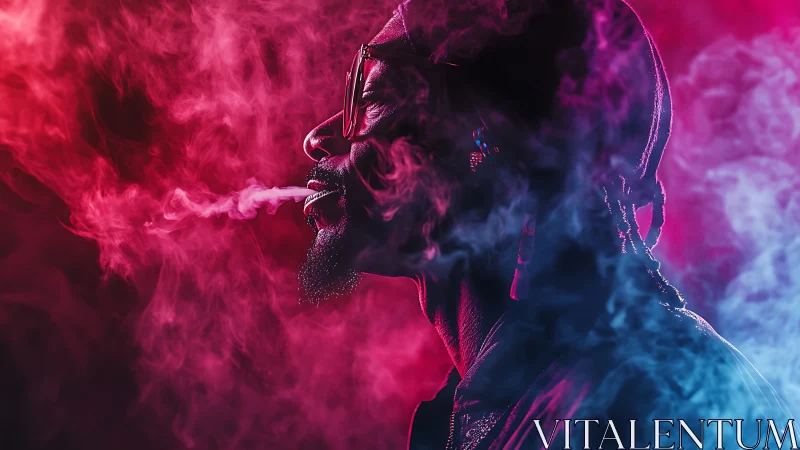 Bicolored rim-lit male profile in dense ambient vape smoke field